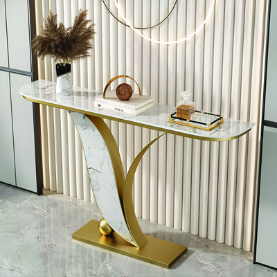 Sleek Marble Console Table with Unique Curved Gold Legs
