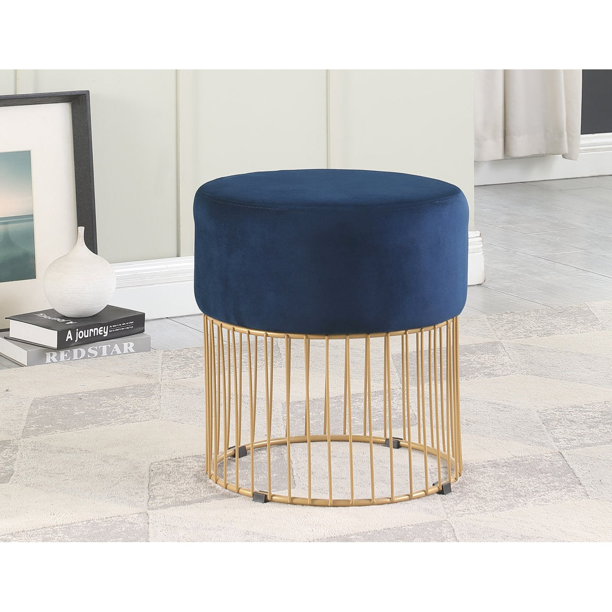 Sleek Navy Steel Stool with Luxurious Gold Frame