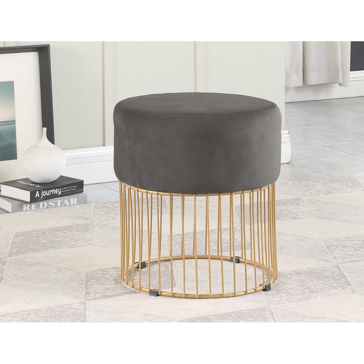 Sleek Rich Grey Steel Stool with Luxurious Gold Frame