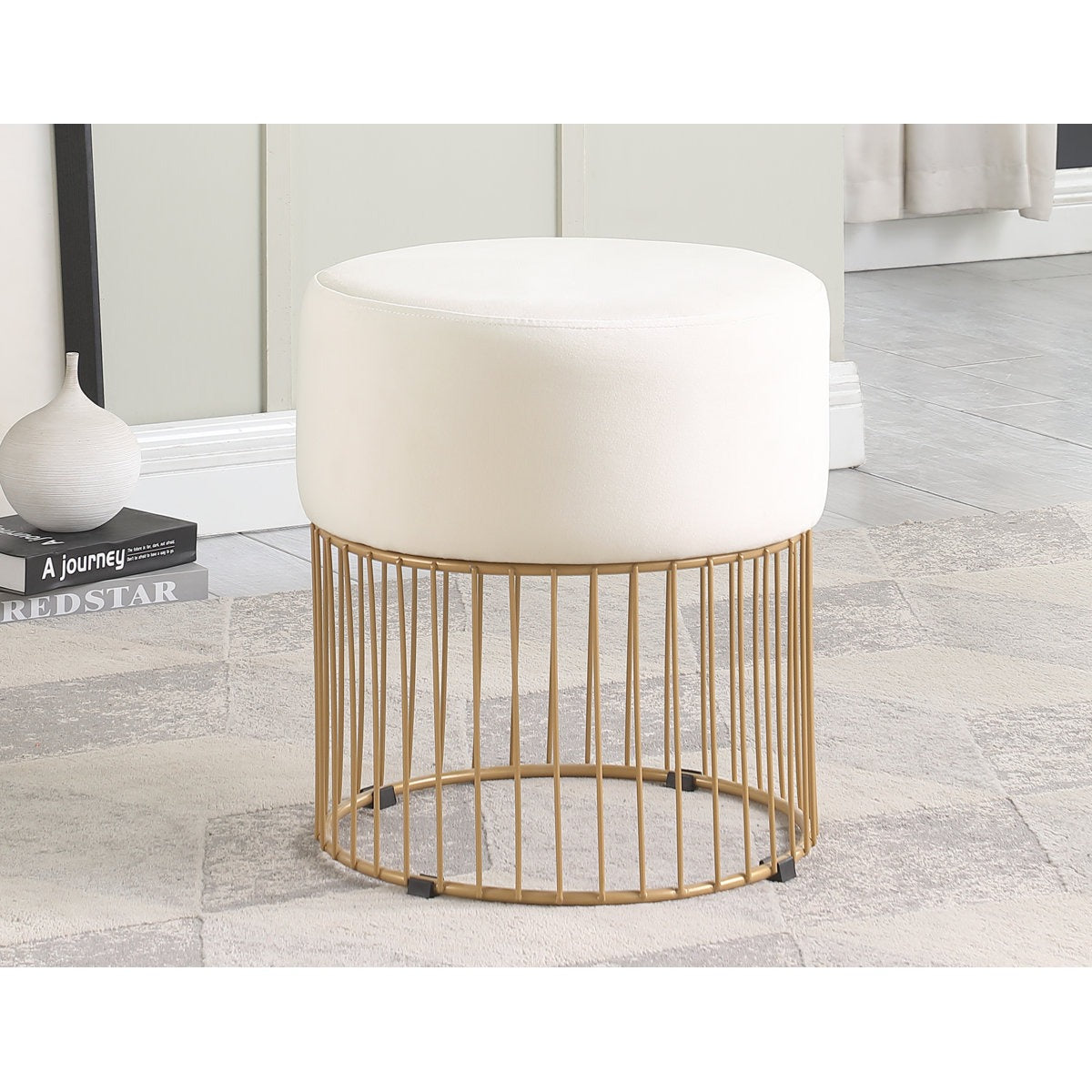 Sleek Rich White Steel Stool with Luxurious Gold Frame