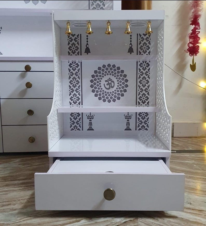 Small Home Mandir with Storage and Carved Floral Side Panels
