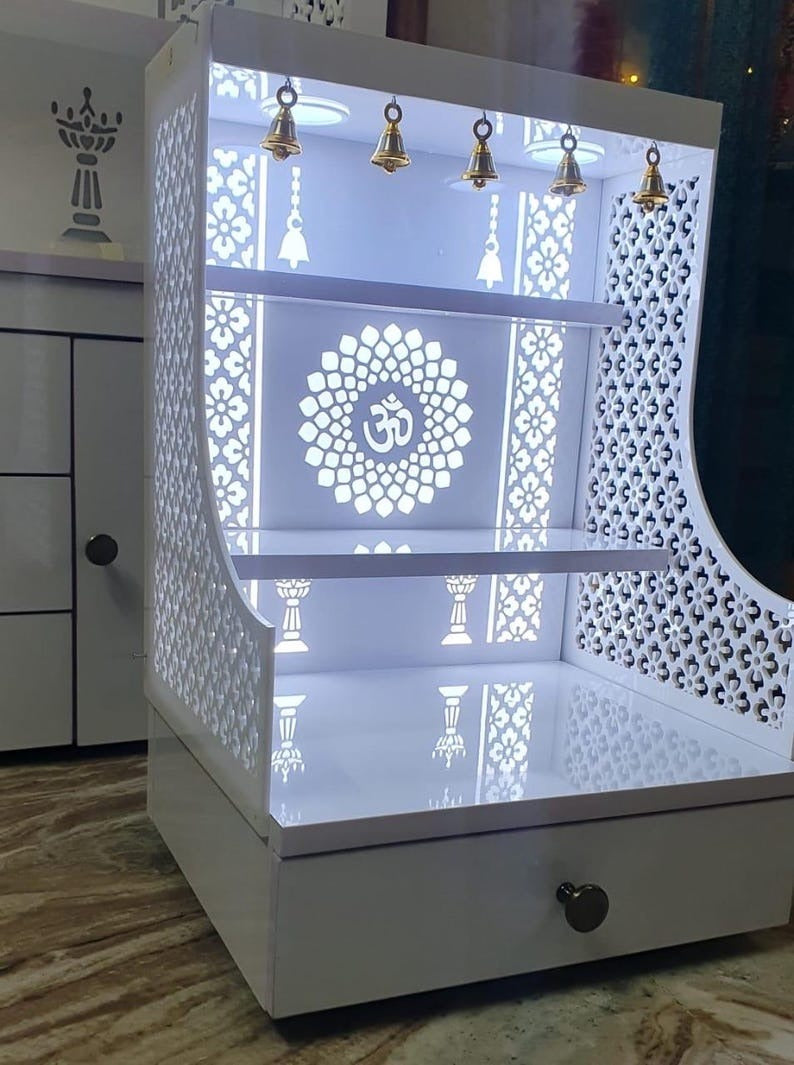 Small Home Mandir with Storage and Carved Floral Side Panels