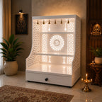 Small Home Mandir with Storage and Carved Floral Side Panels