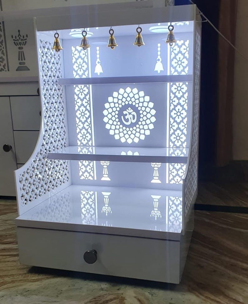 Small Home Mandir with Storage and Carved Floral Side Panels