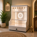 Small Home Mandir with Storage and Carved Floral Side Panels