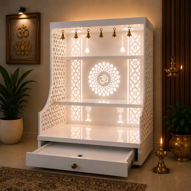 Small Home Mandir with Storage and Carved Floral Side Panels