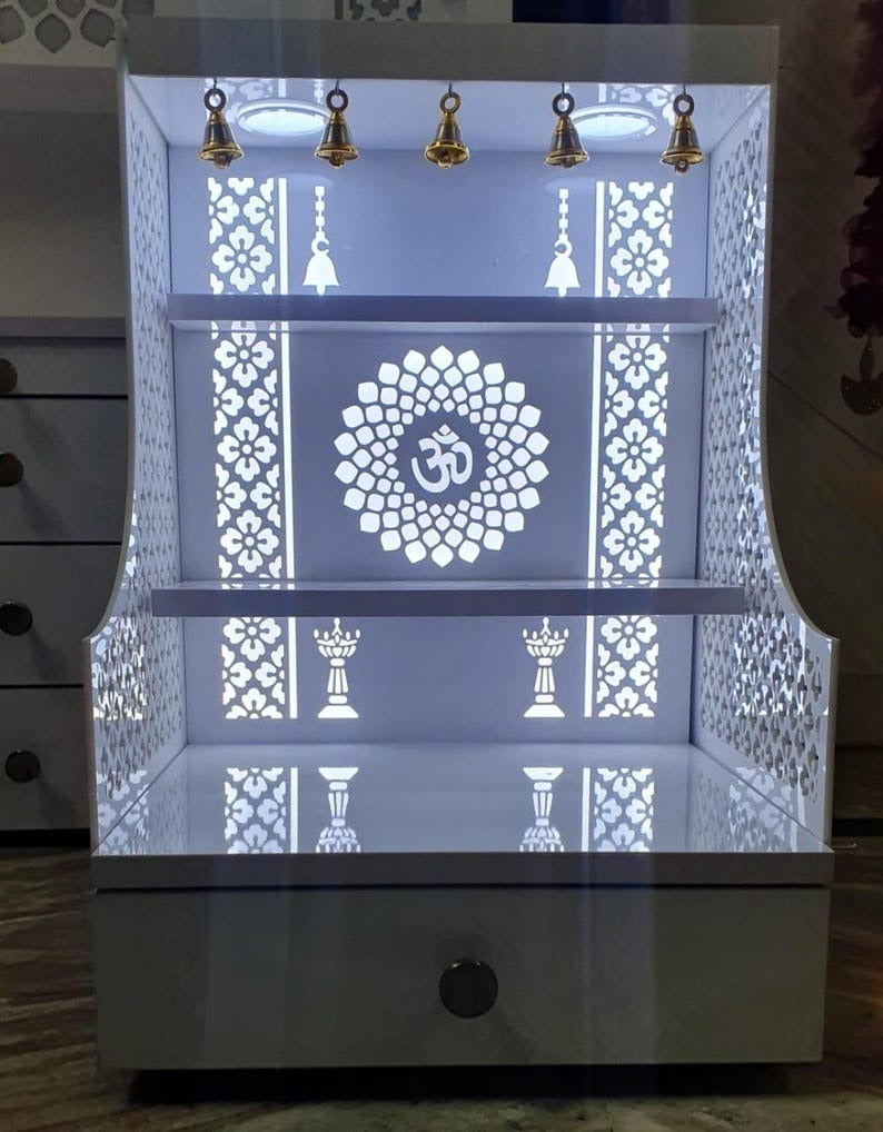 Small Home Mandir with Storage and Carved Floral Side Panels