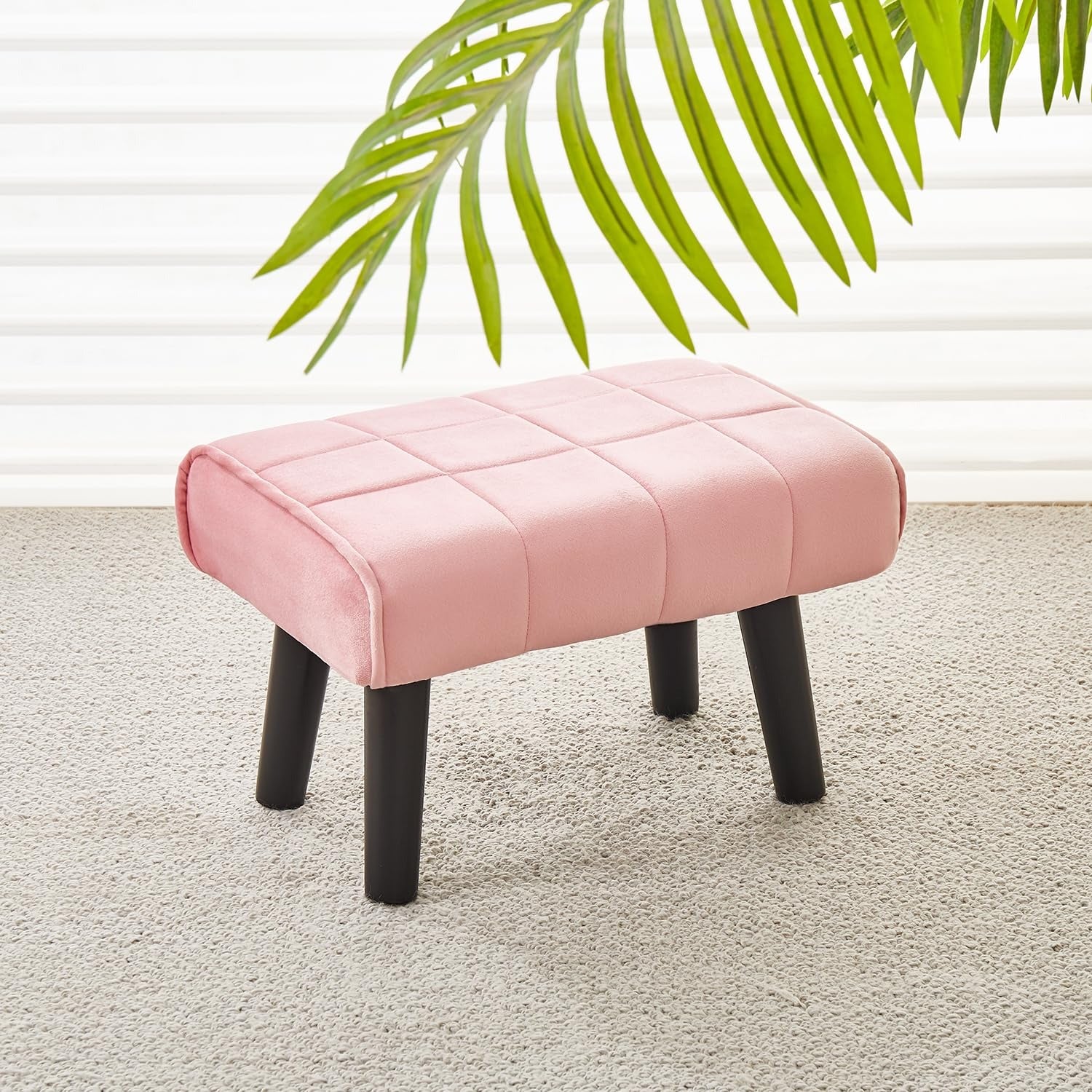 Small Pink Velvet Ottoman Footstool with Black Wooden Legs