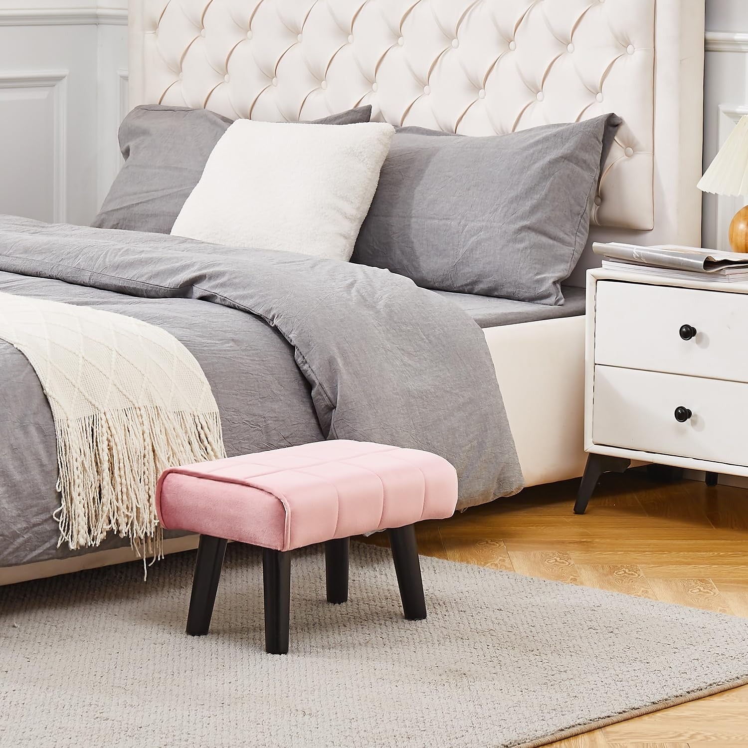 Small Pink Velvet Ottoman Footstool with Black Wooden Legs