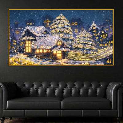 Snow Village Night Scene Crystal Glass Wall Painting for Luxury Decor
