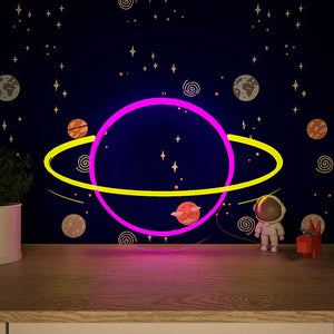 Solar System Saturn Plante Pink & Yellow LED Neon Light