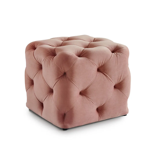 Solid Pink Color Square Shaped Artistic Design Tufted Velvet Ottoman