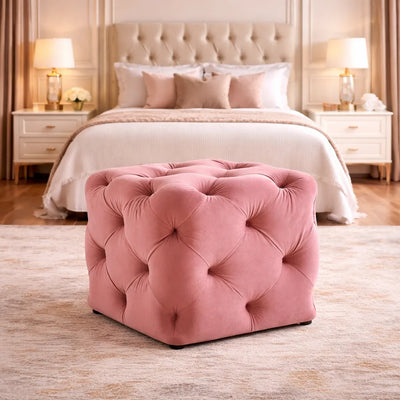 solid-pink-color-square-shaped-artistic-design-tufted-velvet-ottoman