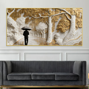 Solitary Umbrella Walk Through Golden Rainy Forest 3D Wall Painting