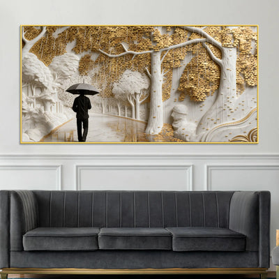 Solitary Umbrella Walk Through Golden Rainy Forest 3D Wall Painting