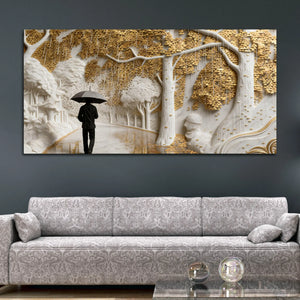 Solitary Umbrella Walk Through Golden Rainy Forest 3D Wall Painting
