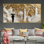 Solitary Umbrella Walk Through Golden Rainy Forest 3D Wall Painting
