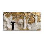 Solitary Umbrella Walk Through Golden Rainy Forest 3D Wall Painting