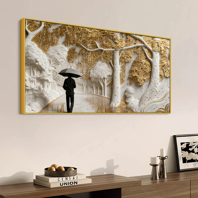 Solitary Umbrella Walk Through Golden Rainy Forest 3D Wall Painting