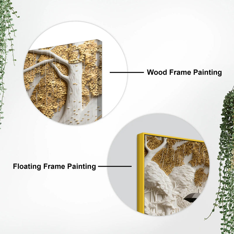 Solitary Umbrella Walk Through Golden Rainy Forest 3D Wall Painting