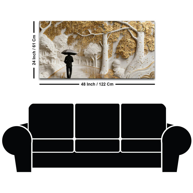 Solitary Umbrella Walk Through Golden Rainy Forest 3D Wall Painting