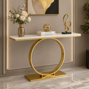 Sophisticated Black Marble Console Table with Gold Circular Base