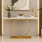 Sophisticated Black Marble Console Table with Gold Circular Base