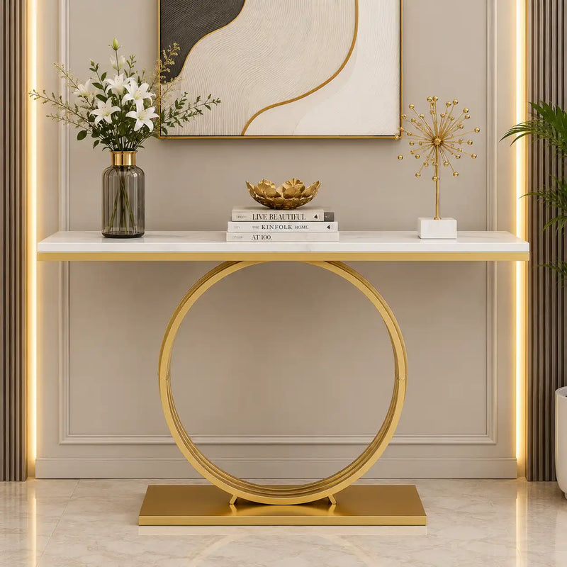 Sophisticated Black Marble Console Table with Gold Circular Base