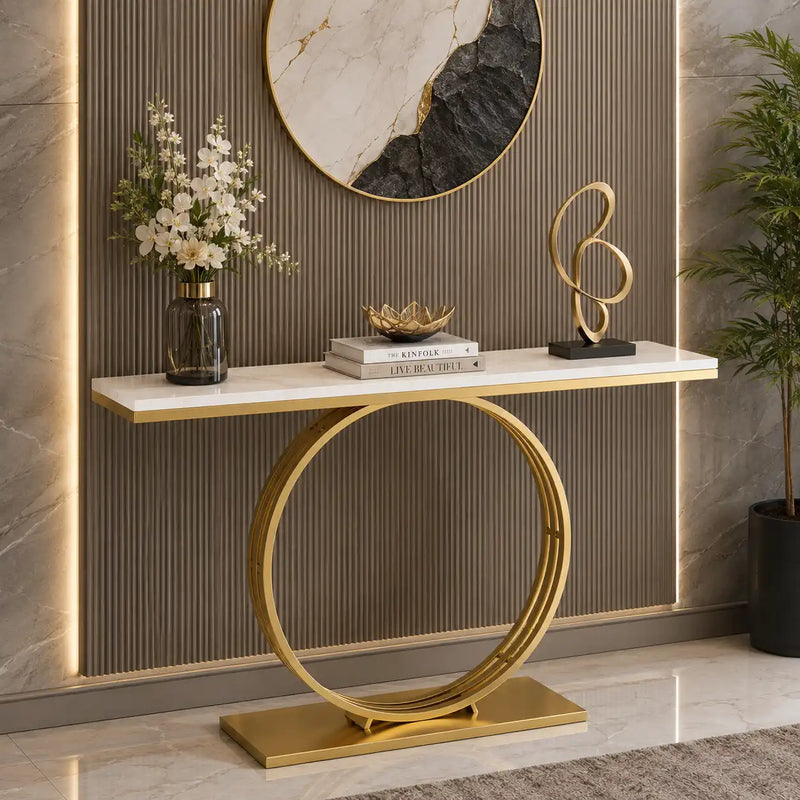 Sophisticated Black Marble Console Table with Gold Circular Base