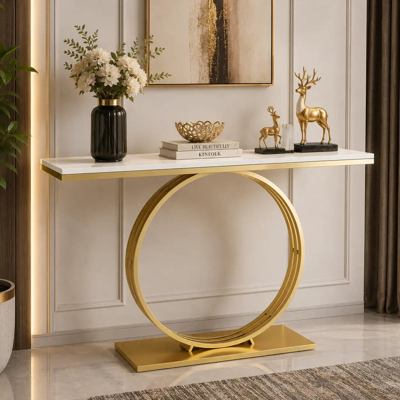 Sophisticated Black Marble Console Table with Gold Circular Base
