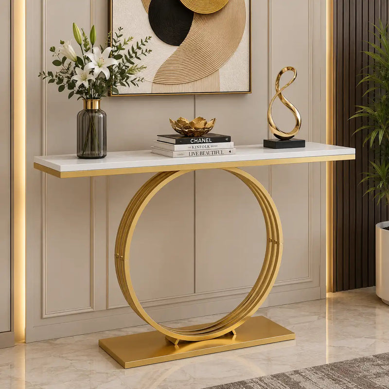 Sophisticated Black Marble Console Table with Gold Circular Base