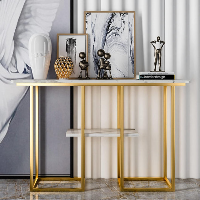 Sophisticated Console Table with Golden Frame and Marble Surface