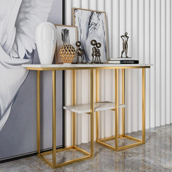 Sophisticated Console Table with Golden Frame and Marble Surface