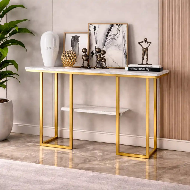 Sophisticated Console Table with Golden Frame and Marble Surface