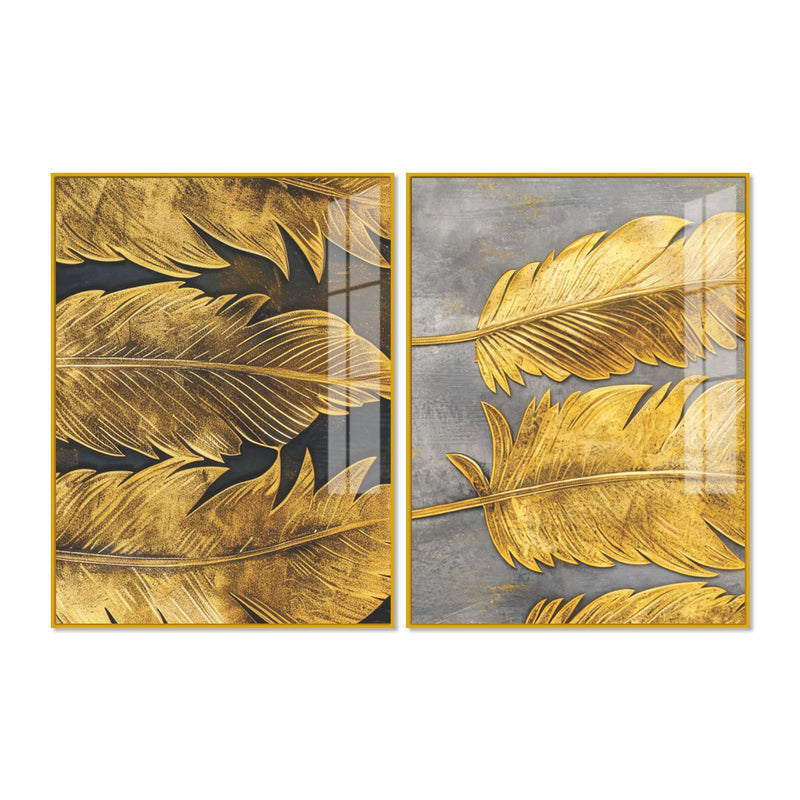 Sophisticated Golden Feathers Acrylic Floating Wall Painting Set of 2