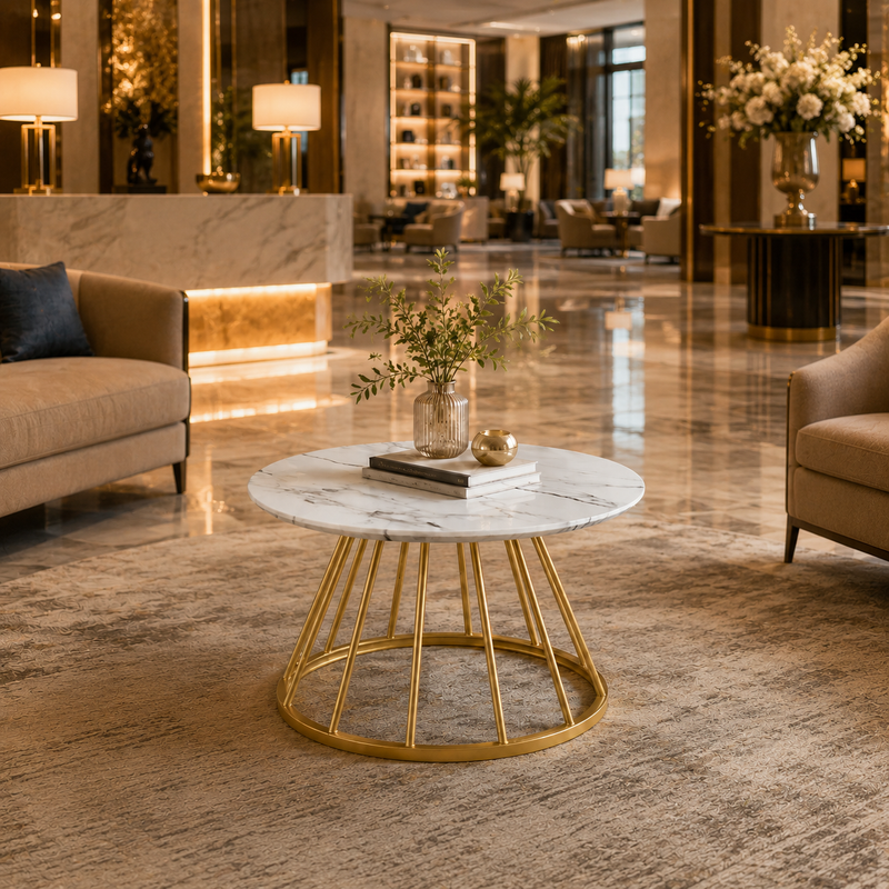 Sophisticated White Marble Center Table with Golden Metal Frame