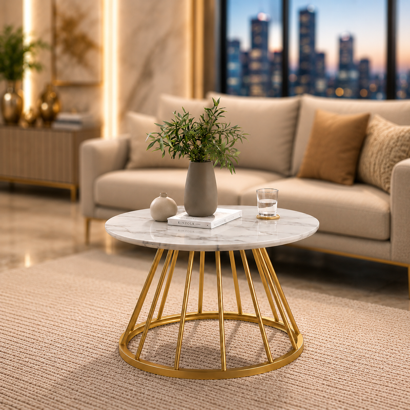 Sophisticated White Marble Center Table with Golden Metal Frame