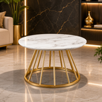 Sophisticated White Marble Center Table with Golden Metal Frame