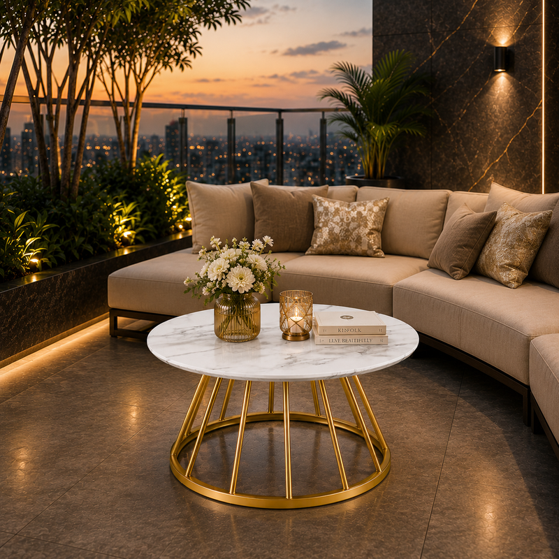 Sophisticated White Marble Center Table with Golden Metal Frame