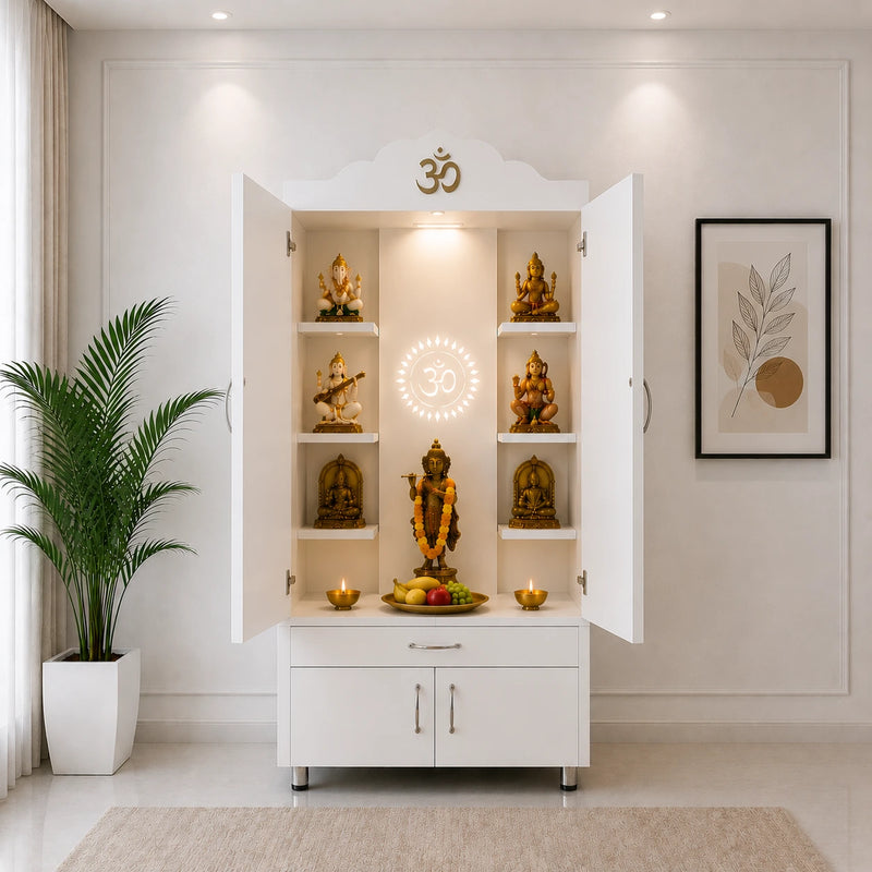 Space Saving Wooden Mandir with Om Doors & Storage Cabinet for Home