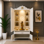 Space Saving Wooden Mandir with Om Doors & Storage Cabinet for Home