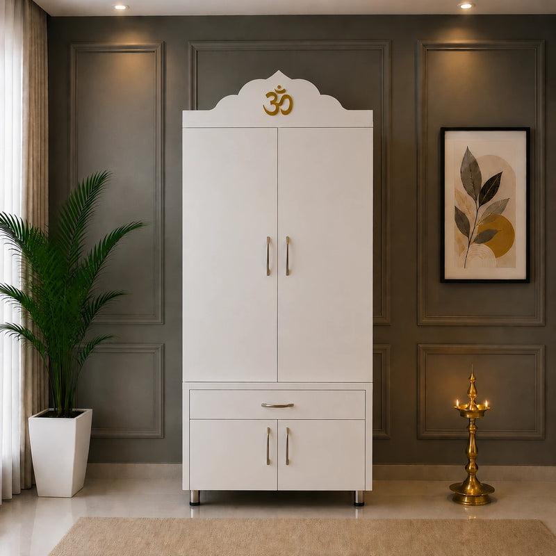 Space Saving Wooden Mandir with Om Doors & Storage Cabinet for Home