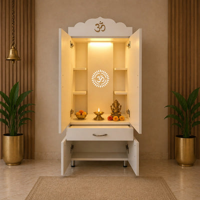 Space Saving Wooden Mandir with Om Doors & Storage Cabinet for Home