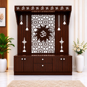 Spacious Wooden Pooja Mandir with Backlit Om Design and Storage