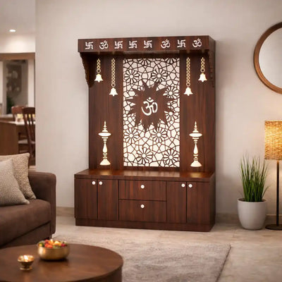 Spacious Wooden Pooja Mandir with Backlit Om Design and Storage