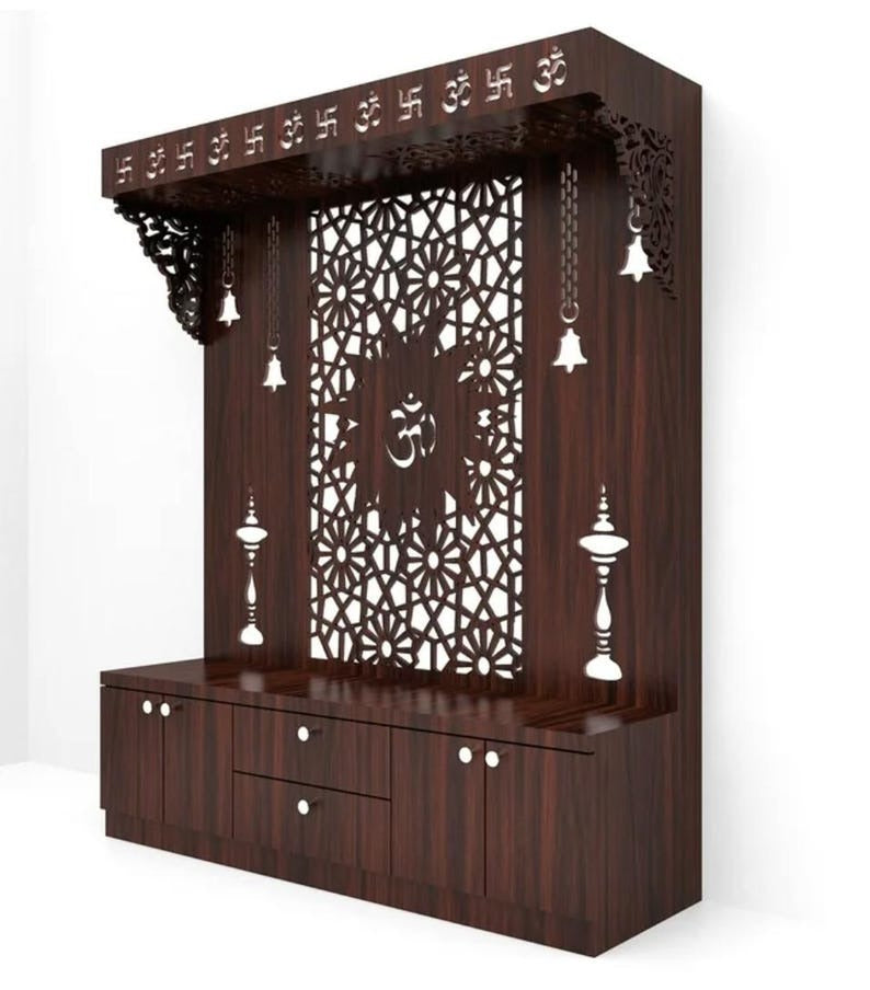 Spacious Wooden Pooja Mandir with Backlit Om Design and Storage