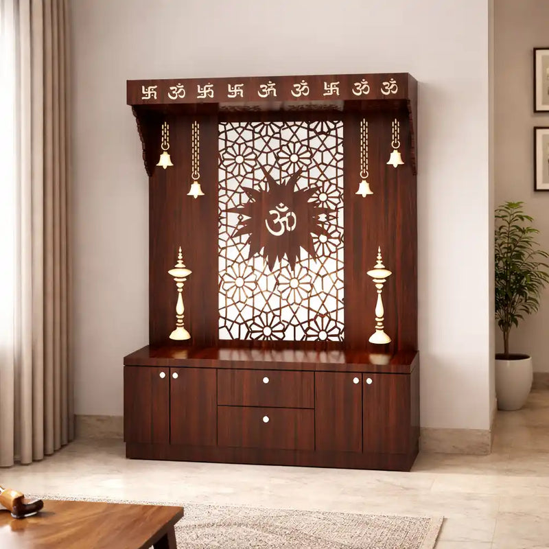 Spacious Wooden Pooja Mandir with Backlit Om Design and Storage
