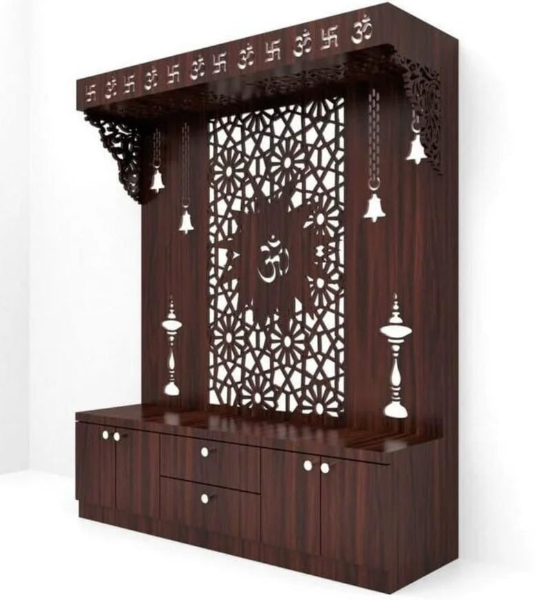 Spacious Wooden Pooja Mandir with Backlit Om Design and Storage