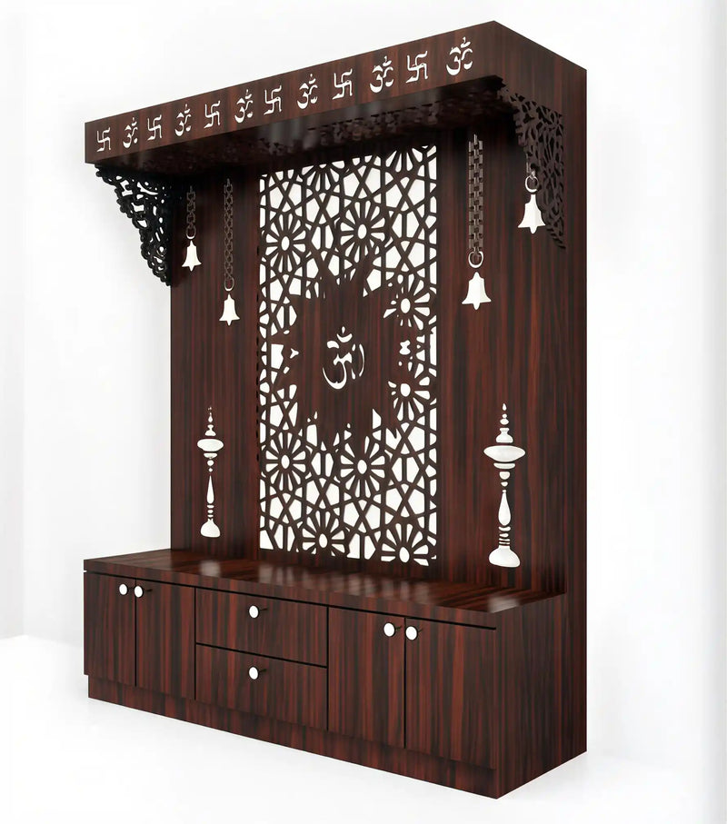 Spacious Wooden Pooja Mandir with Backlit Om Design and Storage