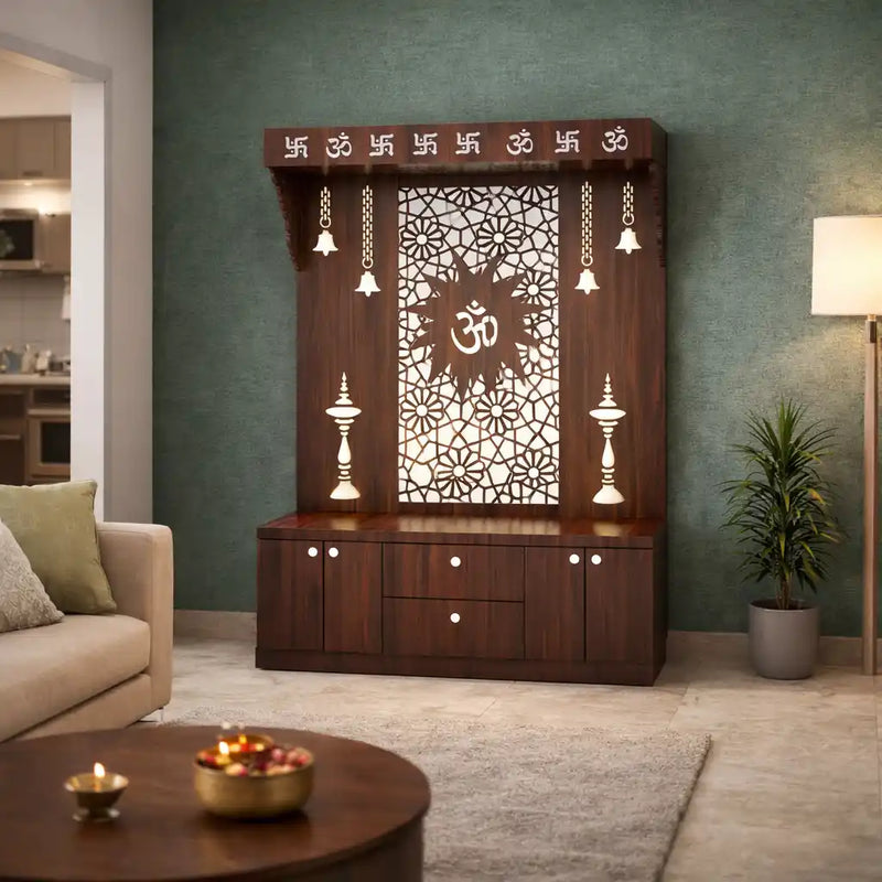 Spacious Wooden Pooja Mandir with Backlit Om Design and Storage